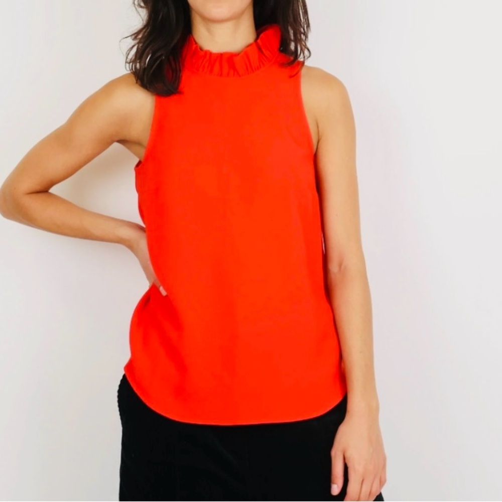 J CREW Top Red Sleeveless Ruffle Neckline Poly NWT Sz L